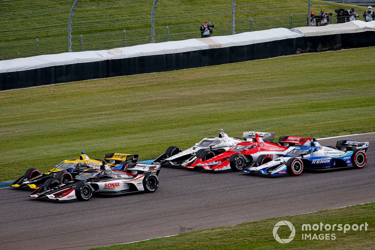 Rinus VeeKay, Ed Carpenter Racing Chevrolet, James Hinchcliffe, Andretti Autosport Honda, Takuma Sato, Rahal Letterman Lanigan Racing Honda, Marcus Ericsson, Chip Ganassi Racing Honda, Simon Pagenaud, Team Penske Chevrolet three-wide