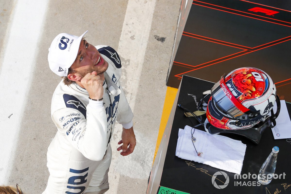 Pierre Gasly, AlphaTauri, 1st position, celebrates in parc ferme
