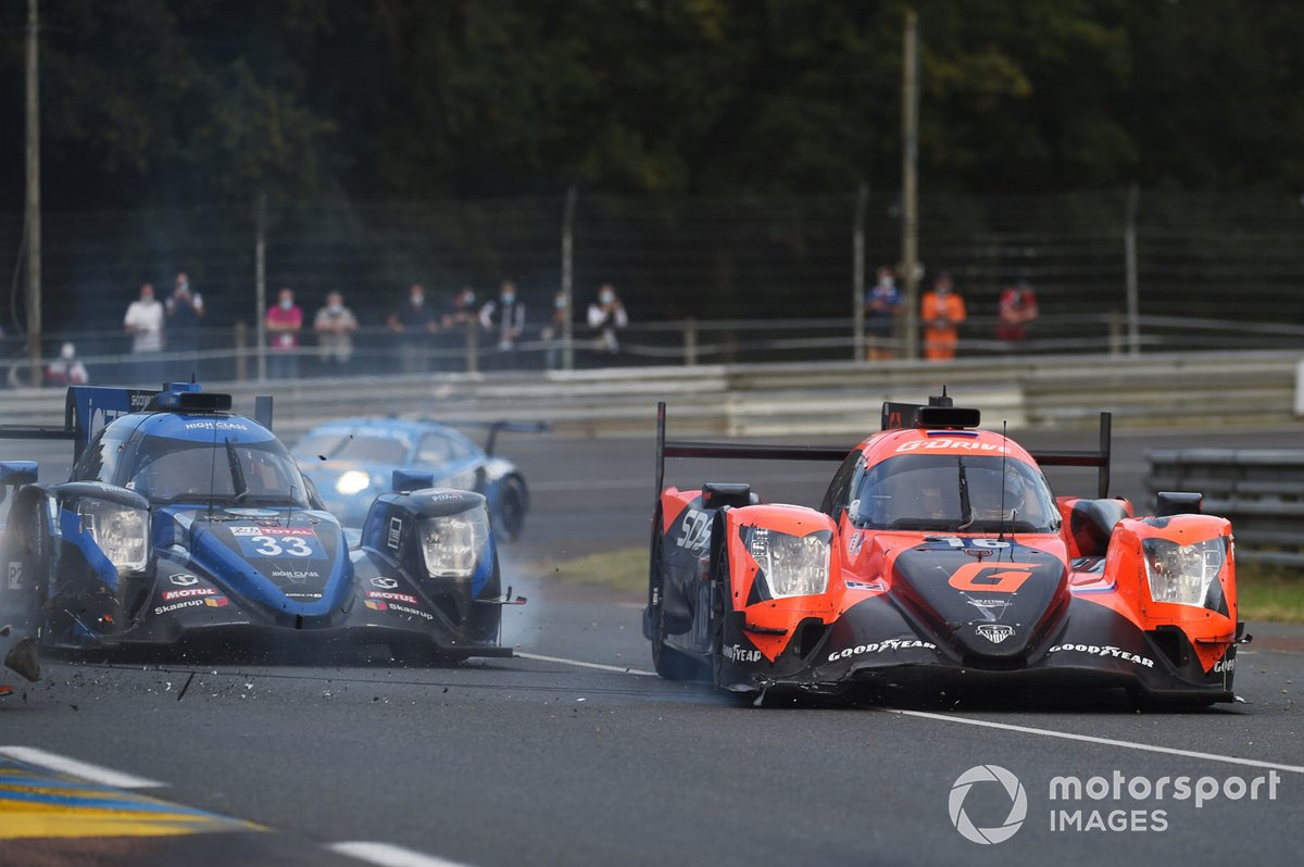 #16 G-Drive Racing By Algarve Pro Racing Oreca 07 - Gibson: Ryan Cullen, Oliver Jarvis, Nick Tandy spins in front of #33 High Class Racing Oreca 07 - Gibson: Mark Patterson, Kenta Yamashita, Anders Fjordbach