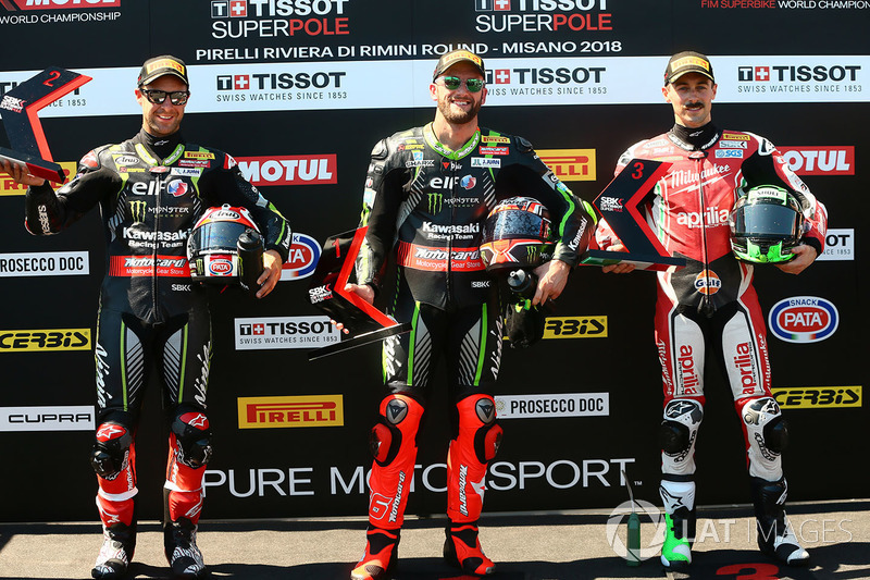 Poleman Tom Sykes, Kawasaki Racing, Jonathan Rea, Kawasaki Racing, Eugene Laverty, Milwaukee Aprilia