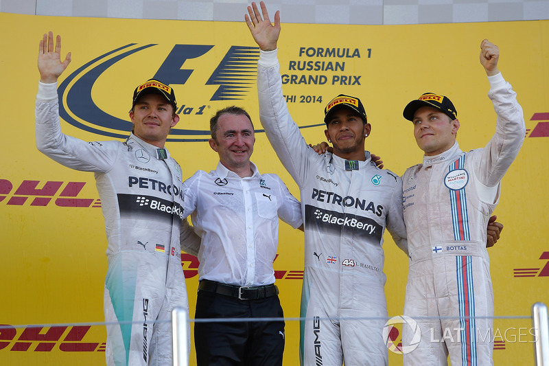 Nico Rosberg, Mercedes AMG F1, Paddy Lowe, Mercedes AMG F1 Executive Director, race winner Lewis Hamilton, Mercedes AMG F1 and Valtteri Bottas, Williams celebrate on the podium