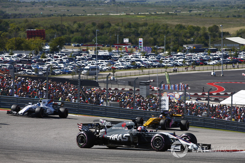 Romain Grosjean, Haas F1 Team VF-17, Lance Stroll, Williams FW40, Nico Hulkenberg, Renault Sport F1 Team RS17