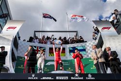 Lewis Hamilton, Mercedes-AMG F1, Sebastian Vettel, Ferrari and Kimi Raikkonen, Ferrari celebrate on 