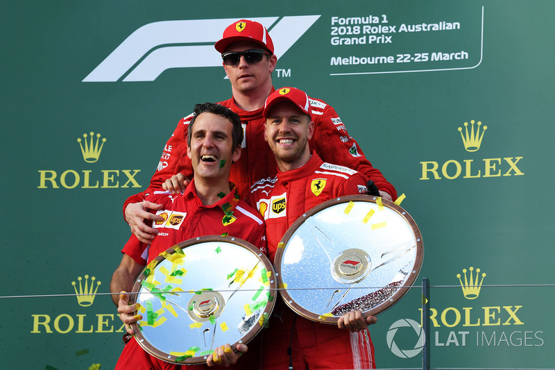 Race winner Sebastian Vettel, Ferrari celebrates on the podium with Kimi Raikkonen, Ferrari and the 