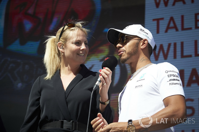 Lewis Hamilton, Mercedes AMG F1, is interviewed on stage