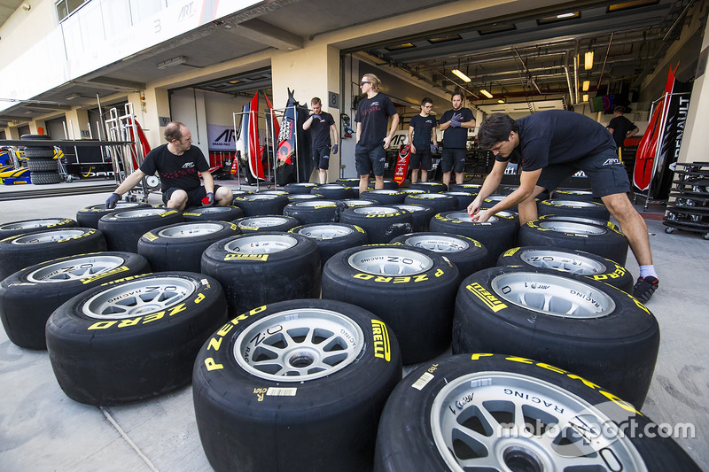 ART Grand Prix mechanics prepare Pirelli tyres