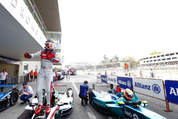Daniel Abt, Audi Sport ABT Schaeffler, celebrates after winning the race as Oliver Turvey, NIO Formula E Team, climbs from his car