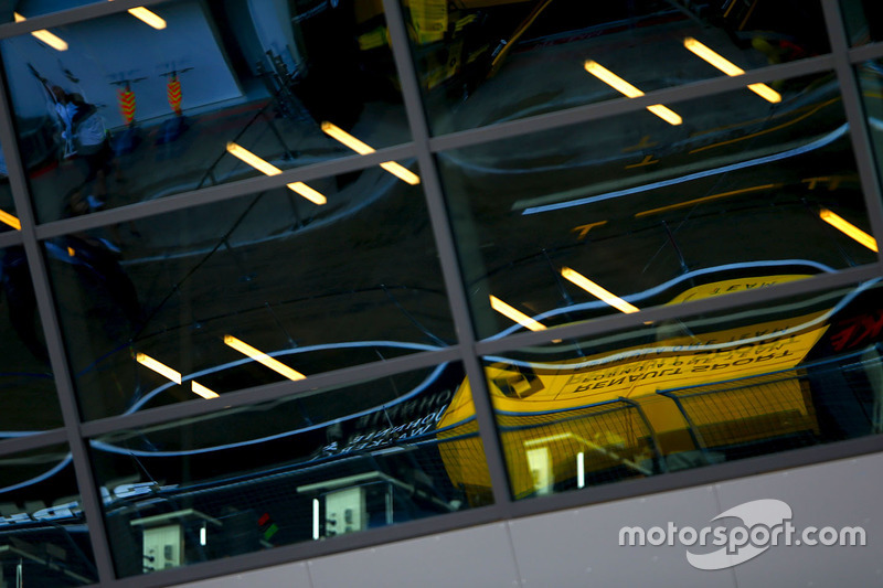 A reflection of the Renault pit wall gantry
