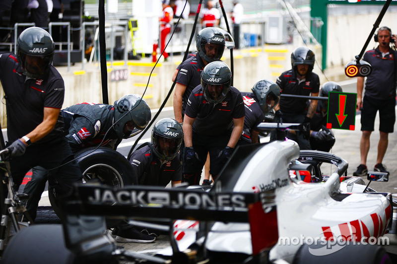 Romain Grosjean, Haas F1 Team VF-18, in the pits during practice