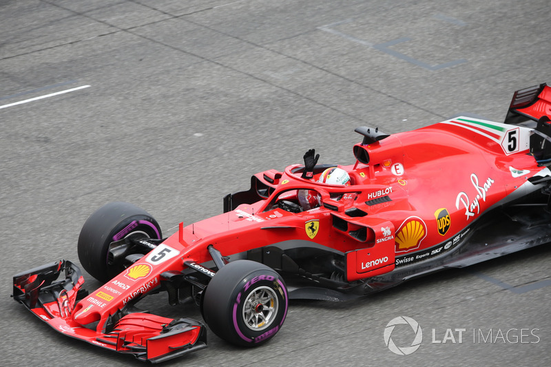 Sebastian Vettel, Ferrari SF71H celebrates pole position