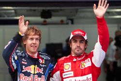 Sebastian Vettel, Red Bull Racing celebrates his pole position and Fernando Alonso, Ferrari