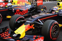 Third place qualifier Max Verstappen, Red Bull Racing RB12 parks his car next to team mate Daniel Ricciardo, Red Bull Racing RB12 in parc ferme