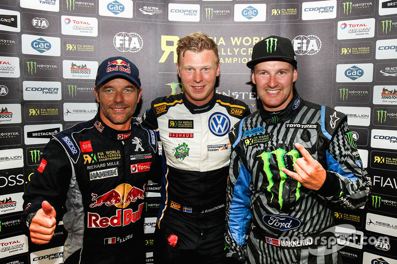 Le vainqueur Johan Kristoffersson, Volkswagen Team Sweden, Sébastien Loeb, Team Peugeot Hansen, Andreas Bakkerud, Hoonigan Racing Division