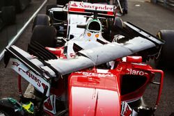 The damaged nosecone of race retiree Sebastian Vettel, Ferrari SF16-H