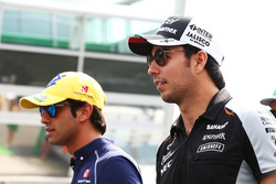 Sergio Perez, Sahara Force India F1 and Felipe Nasr, Sauber F1 Team on the drivers parade