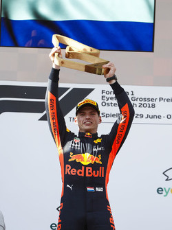 Max Verstappen, Red Bull Racing, 1st position, lifts his trophy on the podium