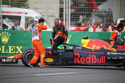 The crashed car of Max Verstappen, Red Bull Racing RB14