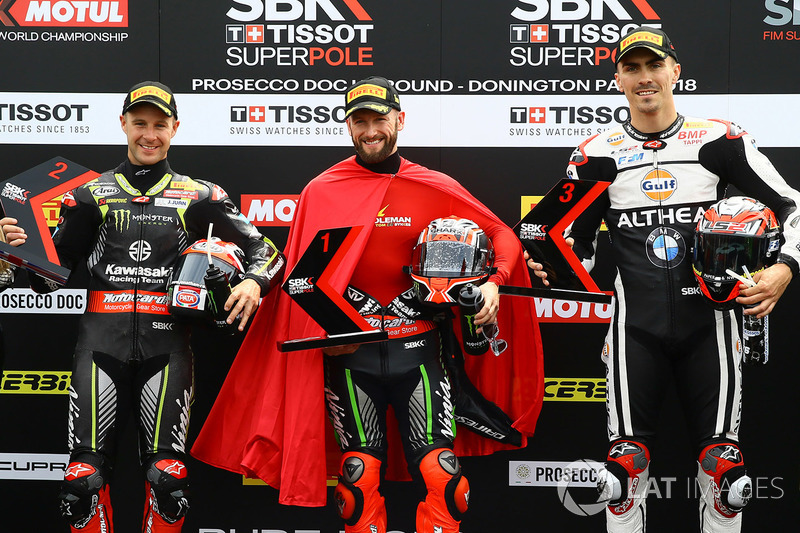 Polesitter Tom Sykes, Kawasaki Racing, second place Jonathan Rea, Kawasaki Racing, third place Loris Baz, Althea Racing 