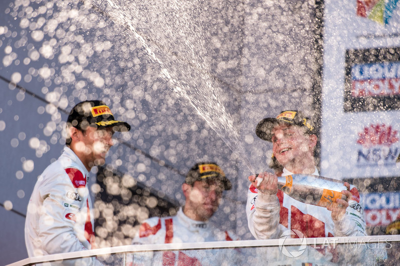 Podium: race winners Robin Frijns, Stuart Leonard, Dries Vanthoor, Audi Sport Team WRT celebrate wit