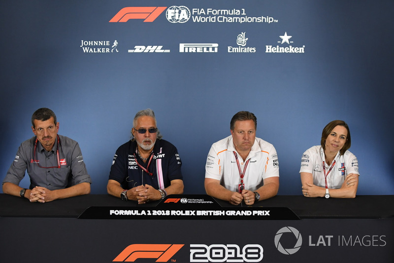 Guenther Steiner Principal Haas F1 Team, Dr. Vijay Mallya, Force India Formula One Team Owner, Zak Brown, McLaren Racing CEO and Claire Williams, Williams Deputy Team Principal in the Press Conference