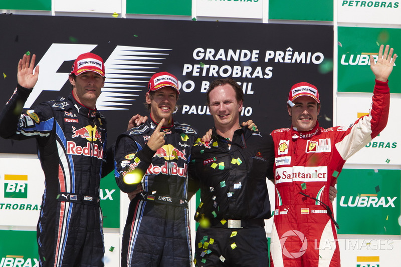 Podium: second place Mark Webber, Red Bull Racing RB6 Renault, Race winner Sebastian Vettel, Red Bull Racing RB6, Christian Horner, Team Principal, Red Bull Racing, third place Fernando Alonso, Ferrari