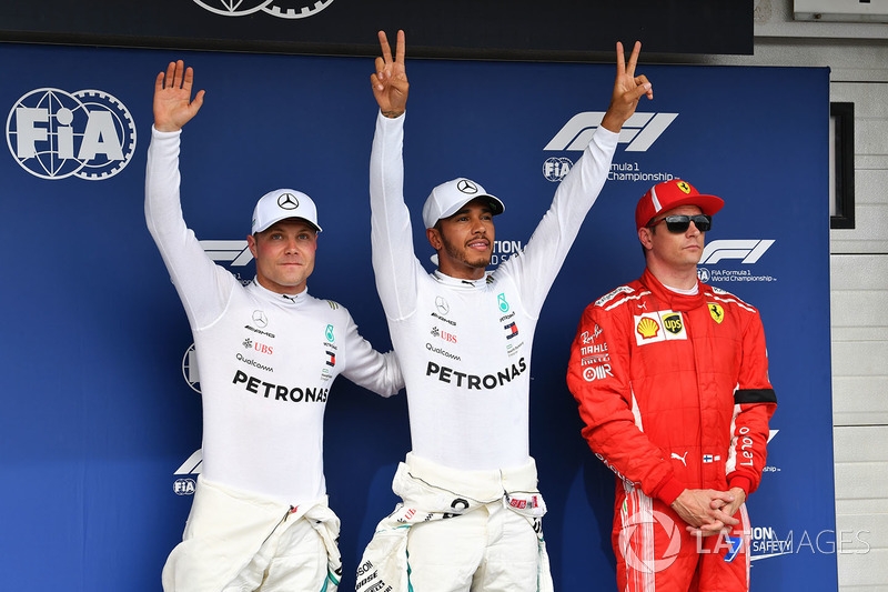 Valtteri Bottas, Mercedes-AMG F1, Lewis Hamilton, Mercedes-AMG F1 and Kimi Raikkonen, Ferrari celebrate in parc ferme