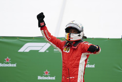 Sebastian Vettel, Ferrari, 1st position, celebrates on arrival in Parc Ferme