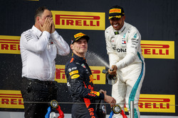 Ron Meadows, Sporting Director, Mercedes AMG, Max Verstappen, Red Bull Racing, 2nd position, Lewis Hamilton, Mercedes AMG F1, 1st position, spray Champagne on the podium