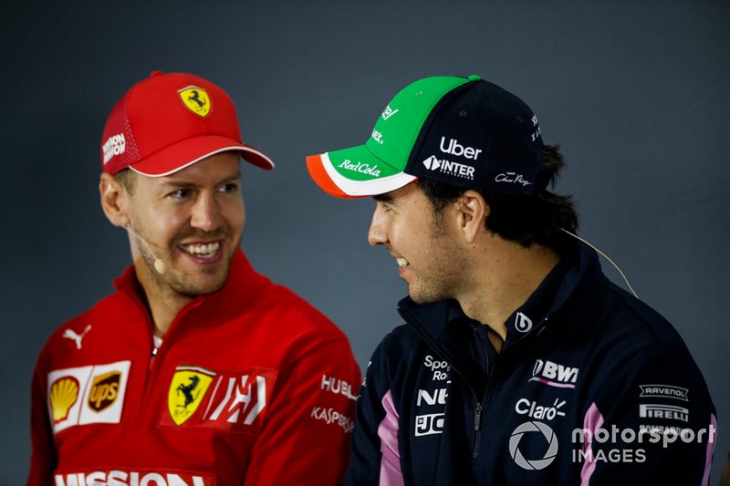 Sergio Perez, Racing Point e Sebastian Vettel, Ferrari, in conferenza stampa