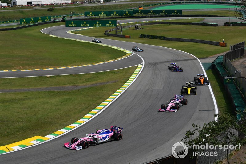 Lance Stroll, Racing Point RP19, Sergio Pérez, Racing Point RP19, Nico Hulkenberg, Renault F1 Team R.S. 19, Carlos Sainz Jr., McLaren MCL34, y Daniil Kvyat, Toro Rosso STR14