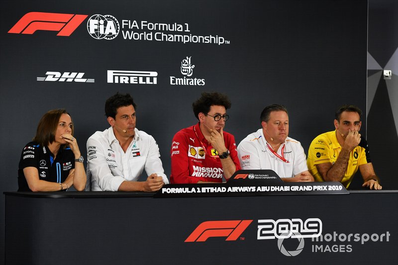 Claire Williams, Deputy Team Principal, Williams Racing, Toto Wolff, Executive Director (Business), Mercedes AMG, Mattia Binotto, Team Principal Ferrari, Zak Brown, Executive Director, McLaren, and Cyril Abiteboul, Managing Director, Renault F1 Team 