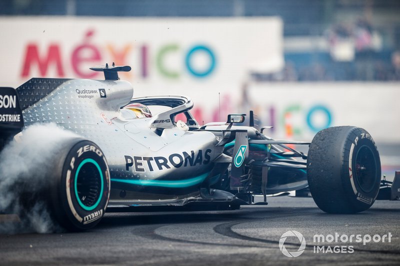 Race winner Lewis Hamilton, Mercedes AMG F1 W10 performs a donut