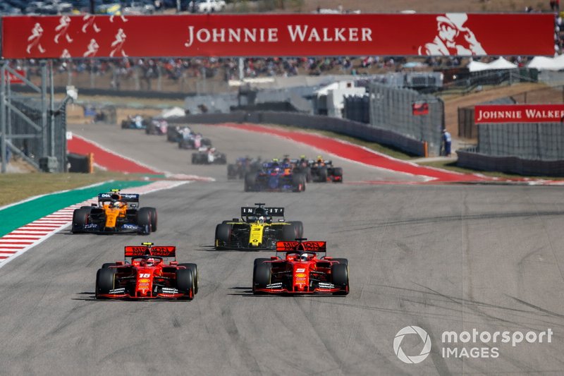 Charles Leclerc, Ferrari SF90, battles Sebastian Vettel, Ferrari SF90 ahead of Daniel Ricciardo, Renault F1 Team R.S.19 and Lando Norris, McLaren MCL34