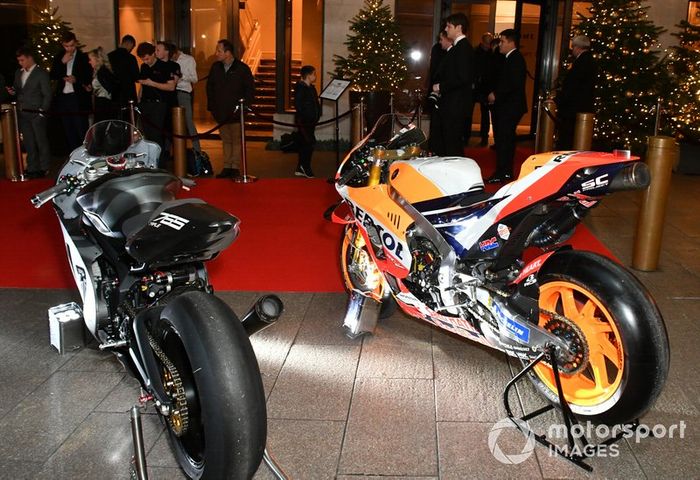 Moto GP bikes on display outside the venue