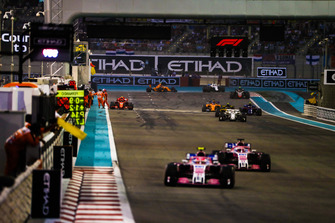 Esteban Ocon, Racing Point Force India VJM11, leads Sergio Perez, Racing Point Force India VJM11, and Marcus Ericsson, Sauber C37