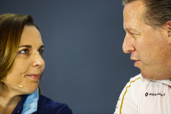 Claire Williams, Deputy Team Principal, Williams Racing, and Zak Brown, Executive Director, McLaren Racing, talk in the team principals Press Conference