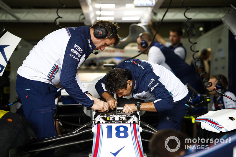 Mechanics work on the car of Lance Stroll, Williams FW41