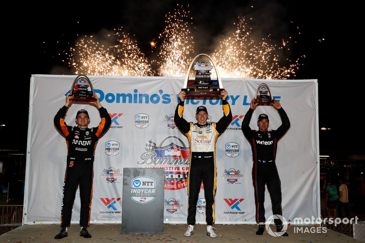 Josef Newgarden, Team Penske Chevrolet, Victory Lane, Patricio O'Ward, Arrow McLaren SP Chevrolet, Will Power, Team Penske Chevrolet