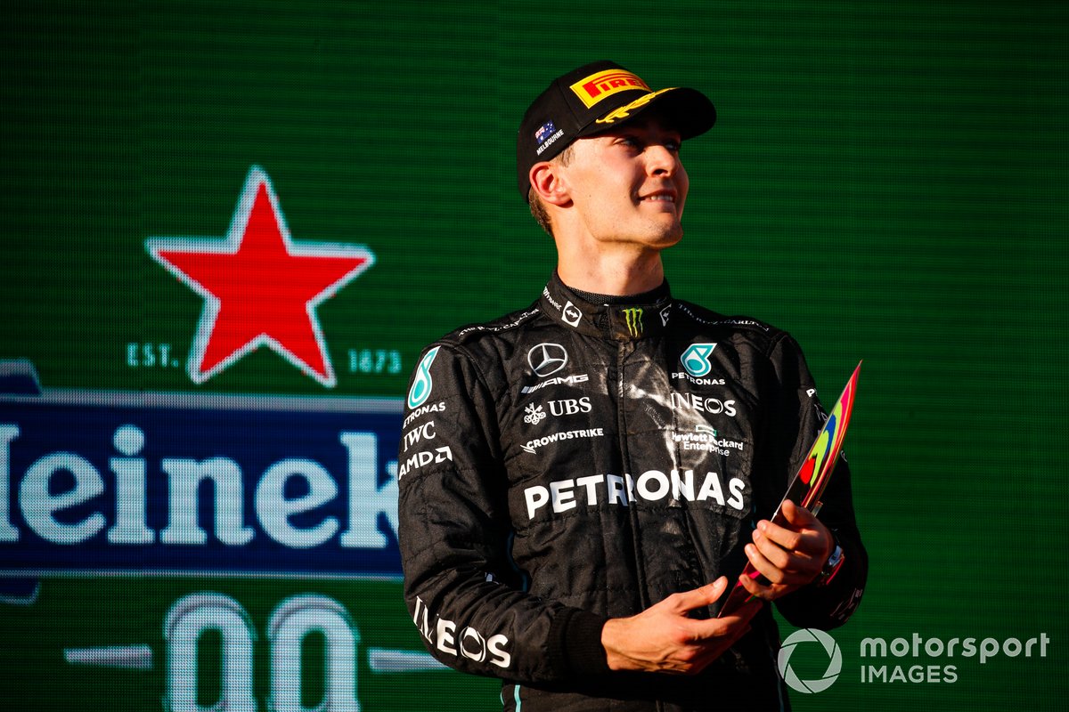 George Russell, Mercedes-AMG, 3rd position with his trophy