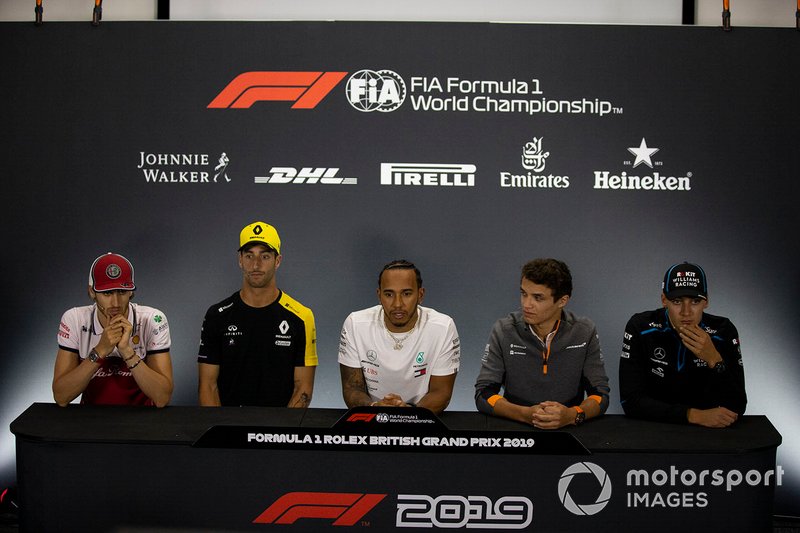 Antonio Giovinazzi, Alfa Romeo Racing, Daniel Ricciardo, Renault F1 Team, Lewis Hamilton, Mercedes AMG F1, Lando Norris, McLaren and George Russell, Williams Racing In the Press Conference