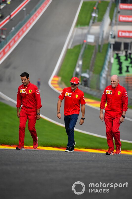 Charles Leclerc, Ferrari, walks the track with Jock Clear, Race Engineer, Ferrari.