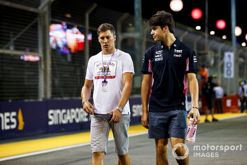 Lance Stroll, Racing Point walks the track with Loïc Duval
