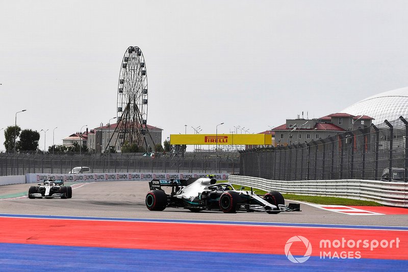 Valtteri Bottas, Mercedes AMG W10, leads Lewis Hamilton, Mercedes AMG F1 W10