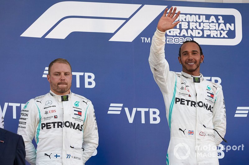 Valtteri Bottas, Mercedes AMG F1, 2nd position, and Lewis Hamilton, Mercedes AMG F1, 1st position, on the podium