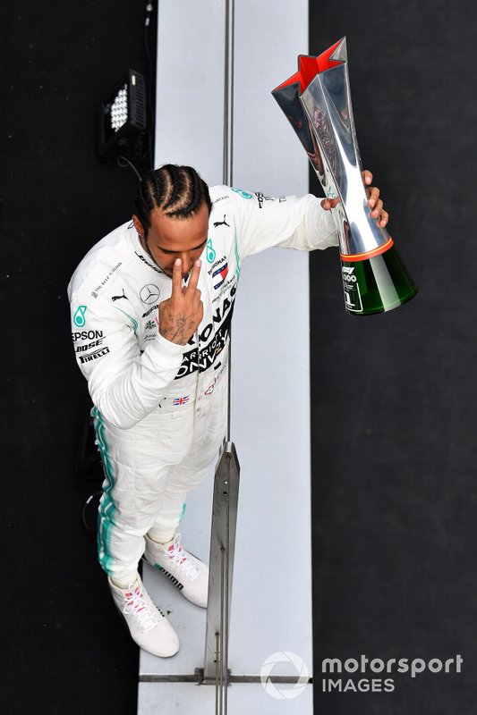 Lewis Hamilton, Mercedes AMG F1, 1st position, with his trophy