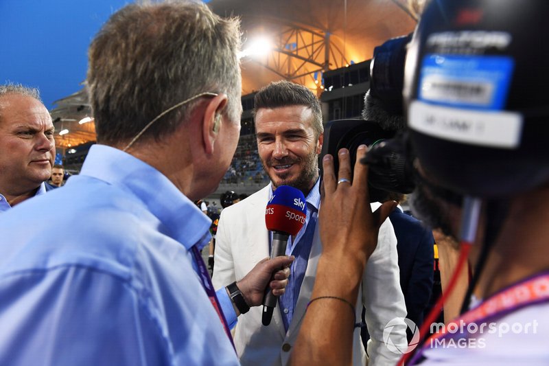 David Beckham is interviewed on the grid by Martin Brundle, Commentator, Sky Sports F1