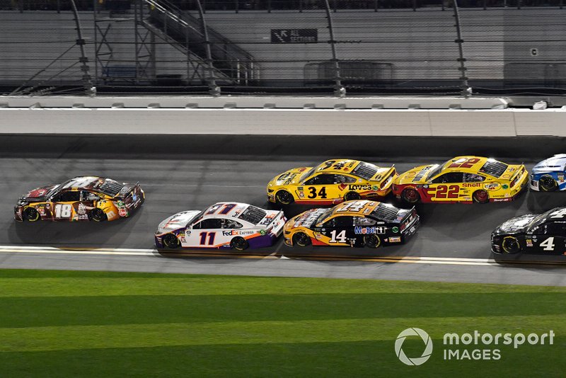 Kyle Busch, Joe Gibbs Racing, Toyota Camry M&M's Chocolate Bar, Denny Hamlin, Joe Gibbs Racing, Toyota Camry FedEx Express, Michael McDowell, Front Row Motorsports, Ford Mustang Love's Travel Stops, Clint Bowyer, Stewart-Haas Racing, Ford Mustang Rush Truck Centers/Mobil 1, Joey Logano, Team Penske, Ford Mustang Shell Pennzoil, and Kevin Harvick, Stewart-Haas Racing, Ford Mustang Busch Beer Car2Can