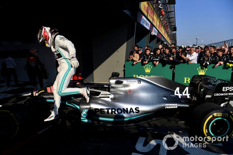 Second place Lewis Hamilton, Mercedes AMG F1, climbs out of his car in Parc Ferme