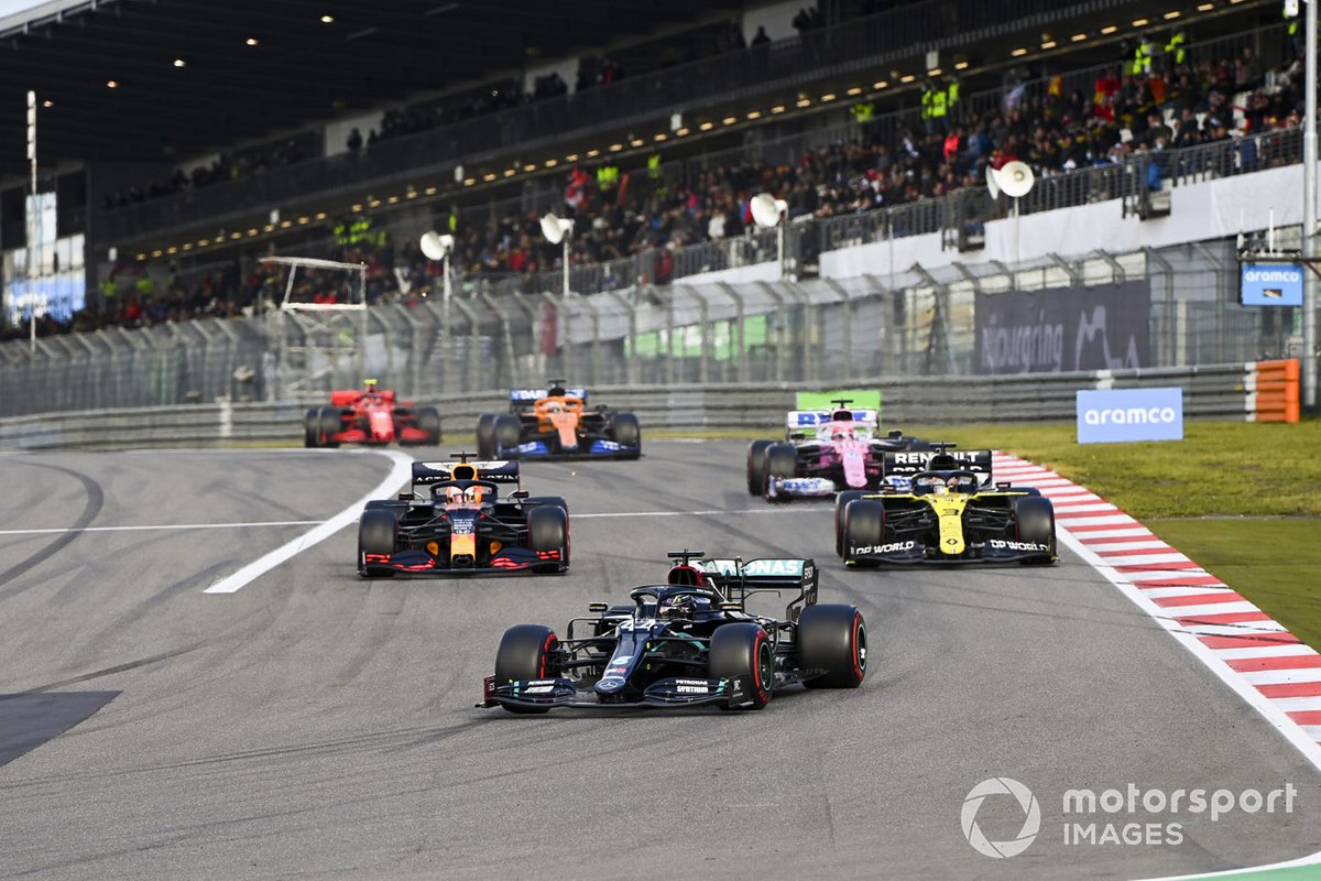 Lewis Hamilton, Mercedes F1 W11 Max Verstappen, Red Bull Racing RB16 e Daniel Ricciardo, Renault F1 Team R.S.20