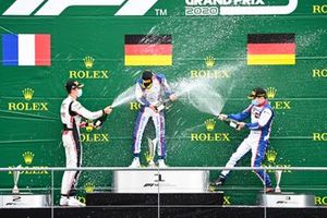 Theo Pourchaire, ART Grand Prix, Race Winner Lirim Zendeli, Trident and David Beckmann, Trident celebrate on the podium with the champagne